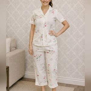 Japanese Floral Cotton Short-Sleeve Pajama Set - Cream with Pink Roses